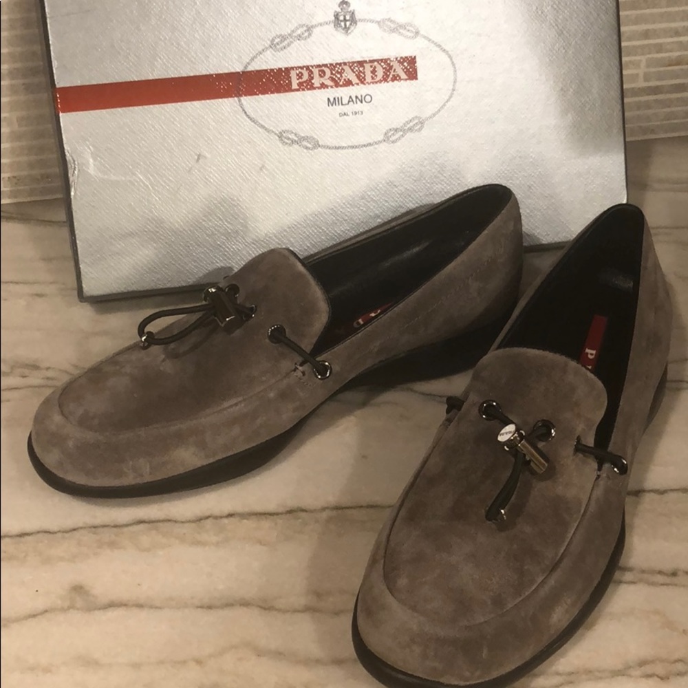 PRADA gray suede toggle loafers, never worn